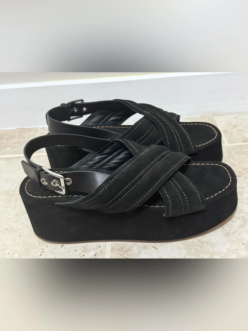 Free People Women's Beach Party Platform Sandals In Black Suede Color.